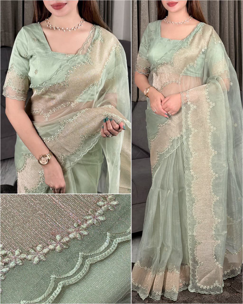 Party wear Organza Embroidery Sarees - Image 4